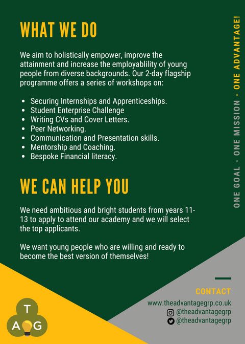 alvnowusu's tweet image. My first event! @TheAdvantageGrp will be holding a two-day academy for young people aged 14-18. My team and I have worked incredibly hard to create this amazing opportunity for 30 students. I’d love for all of you guys to get behind this! Tell your younger sisters, brothers, etc.