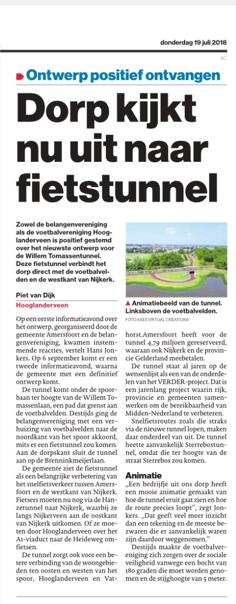 Artikel AD over plannen voor een fietstunnel bij ons voetbalcomplex