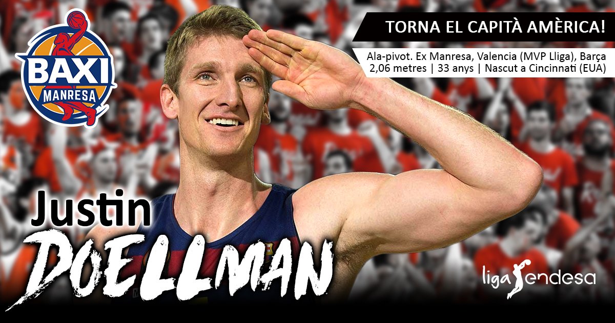 BasquetManresa's tweet photo. 🇺🇸 Justin Doellman: el «Capità Amèrica» torna a #Manresa
🇺🇸 @J_Doellman: ¡El «#CapitánAmérica» vuelve al @BAXI_ES Manresa!
🇺🇸 Justin Doellman: #CaptainAmerica is back in Manresa!
#WelcomeBackJustin #SOMHIManresa #PITiCONGOST
https://t.co/NXaHDWL0we https://t.co/WWrpPRxe4F