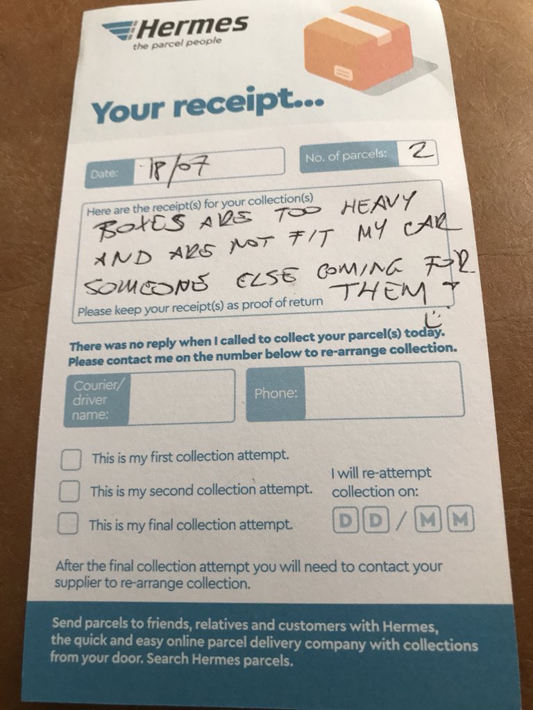 beckyanya's tweet photo. When your courier doesn’t pick up your parcels because ���they’re too heavy’... isn’t that like, your job? @Hermesparcels what is going on? They’ve still not been collected and there’s no way to contact you on the website #AwfulCustomerExperience https://t.co/LpEtkBhOpu