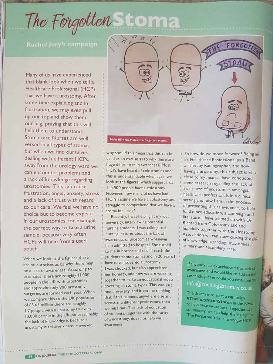 rocking2stomas's tweet photo. My article for @UrostomyA about #TheForgottenStoma in a clinical setting. Urostomates are in the minority but when HCPs are unaware of this type of stoma patients can feel less trust in their care, anxious, frustrated &amp; impact interactions #UrostomyAwareness #SpeakingOut https://t.co/HKVexcESfU