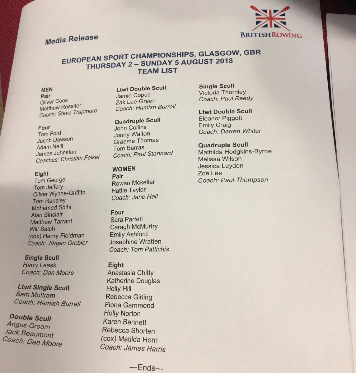 RowingVoice's tweet photo. Fourteen GB crews for the European Champs in Glasgow - no W2x but a LM1x. https://t.co/qMMlZk2uty