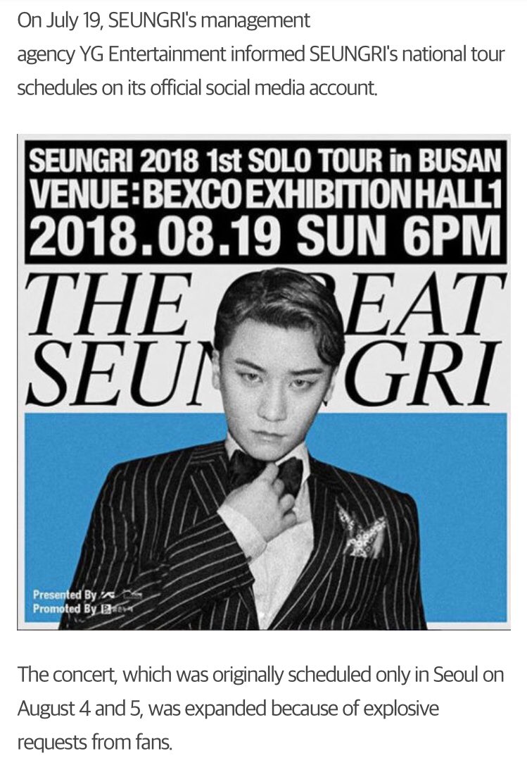 GottaTalk2V1212's tweet photo. SEUNGRI's Seoul Concert to be Expanded to Nationwide Tour
https://t.co/9qyOBnkKxq
“..The concert, which was originally scheduled only in Seoul on August 4 and 5, was expanded because of explosive requests from fans..” https://t.co/Q6XtZMVMBc
