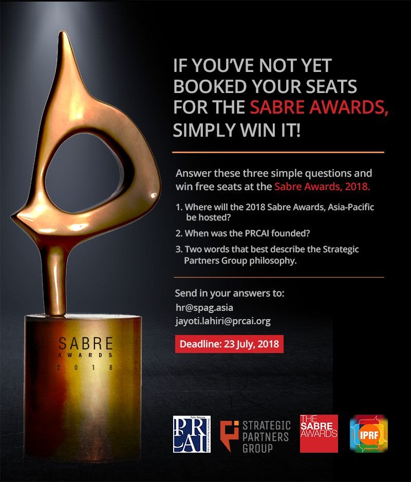 PRCAIndia's tweet photo. If you've not yet booked your seats for the #SABREawards South Asia, simply win it! Take this quiz &amp; get a chance to win a seat for SABRE awards. https://t.co/KqLV1AsCLo