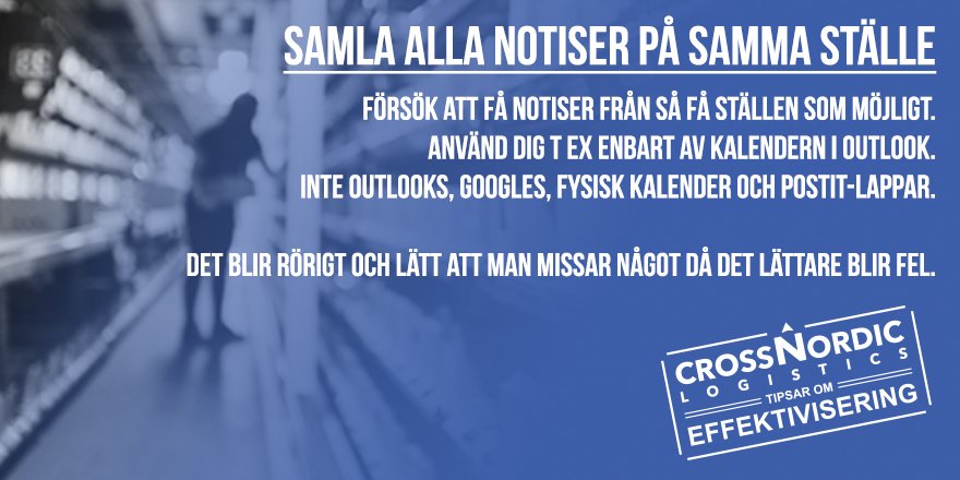 Idag får man notiser från alla möjliga ställen. Försök att få så att alla viktiga notiser kommer på samma ställe. Sätt t ex ett speciellt ljud eller vibration på de viktiga notiserna på telefon. Då vet du redan innan du kollat om det är viktigt eller inte. #tips #3pl #ehandel