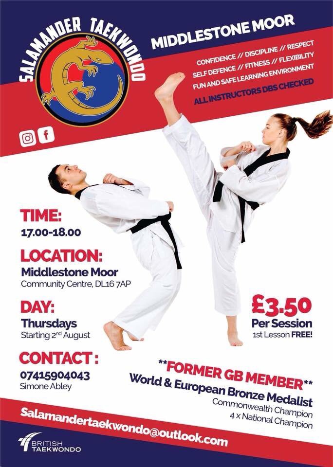 SimAbley's tweet photo. Just 2 more weeks to my very OWN @TKDSalamander club opens in Middlestone Moor! 
Start from the age 3+
 #middlestonemoor #spennymoor #taekwondo @cdsport https://t.co/ObdUcSxodF