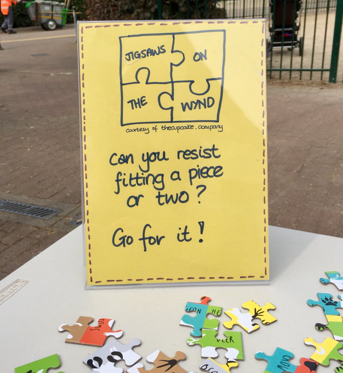 TownAmbassador's tweet photo. “Jigsaws on The Wynd” curtesy  of @thecupcake_comp @LetchworthGC is set up and ready to challenge you today. Pop along and see how many pieces you can fit together and hopefully we can have it completed by the end of the day. 😊 https://t.co/NT4ZL1ibHJ
