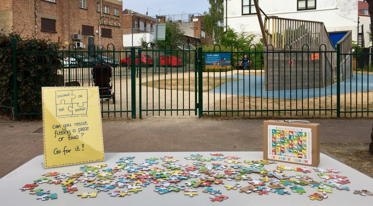 TownAmbassador's tweet photo. “Jigsaws on The Wynd” curtesy  of @thecupcake_comp @LetchworthGC is set up and ready to challenge you today. Pop along and see how many pieces you can fit together and hopefully we can have it completed by the end of the day. 😊 https://t.co/NT4ZL1ibHJ