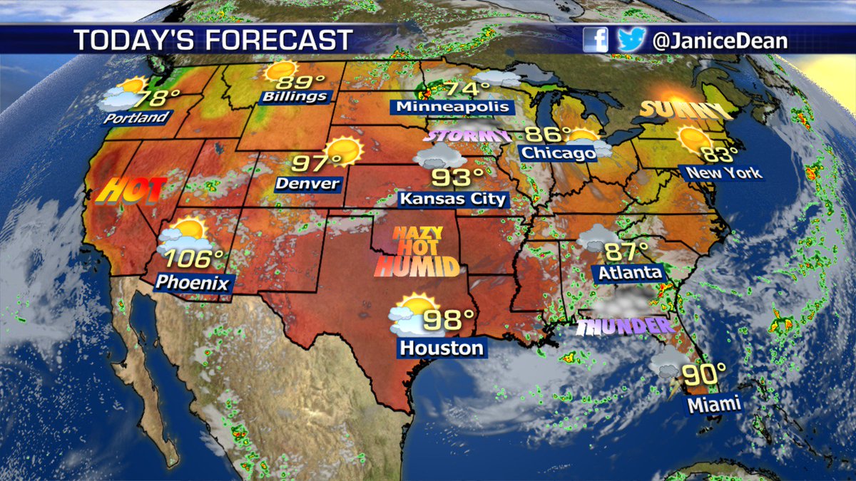 JaniceDean's tweet photo. Dangerous heat across the South for the next few days. Strong storms for parts of the Midwest. Details coming up on @foxandfriends #HappyThursdayalmostFriday https://t.co/H9AgWG6Cyh