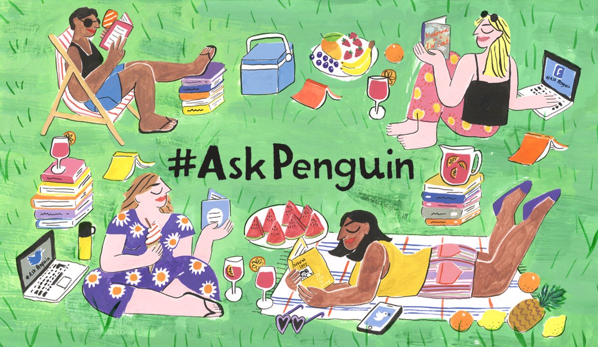 An illustration showing the Penguin team sitting in a park, reading books, snacking on fruit and juice, and responding to Ask Penguin requests.