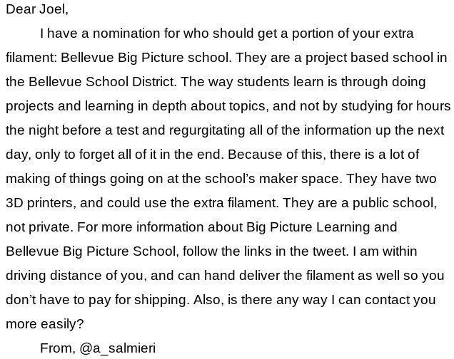 a_salmieri's tweet photo. I have a nomination for who should get some of your extra filament @joeltelling: Bellevue Big Picture school (@bellevuebigpic). Read more about them below or at the following links:

https://t.co/7ynRXRIEP2
https://t.co/fqCa86N9bO 

Sorry for the picture letter, there wasn't spac https://t.co/HlmzYOcYTt