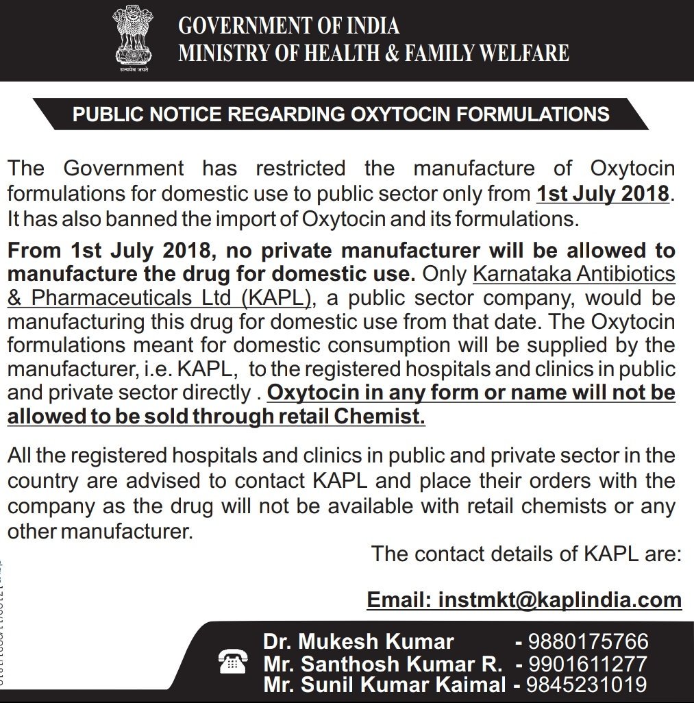 Deadline for manufacture & supply of #Oxytocin by @kapl_bangalore extended to September 1. All hospitals & clinics to contact immly on email : instmkt@kaplindia.com or given mob. numbers to place orders.@MoHFW_INDIA @PIB_India @NHPINDIA @MinistryWCD @IndianMedAssn @fogsi2007