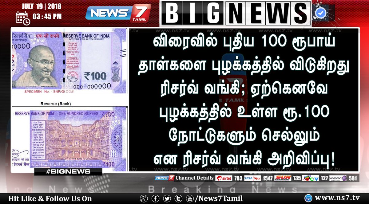 news7tamil's tweet photo. #BIGNEWS
விரைவில் புதிய 100 ரூபாய் தாள்களை புழக்கத்தில் விடுகிறது ரிசர்வ் வங்கி; ஏற்கெனவே புழக்கத்தில் உள்ள ரூ.100 நோட்டுகளும் செல்லும் என ரிசர்வ் வங்கி அறிவிப்பு!
https://t.co/5wMBD3FLqB | #New100Note | #ReserveBank https://t.co/LonunDKShL