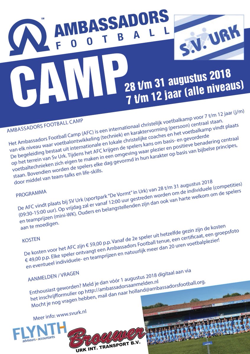 TransportUrk's tweet photo. Een kort berichtje voor de jonge voetbalfans. Eind augustus is er weer een voetbalkamp van #AmbassadorsFootball. Opgeven dus wat ons betreft. Brouwer Transport en @flynth_urk  zijn trotse supporter van dit evenement. https://t.co/n3tPJ2m57m