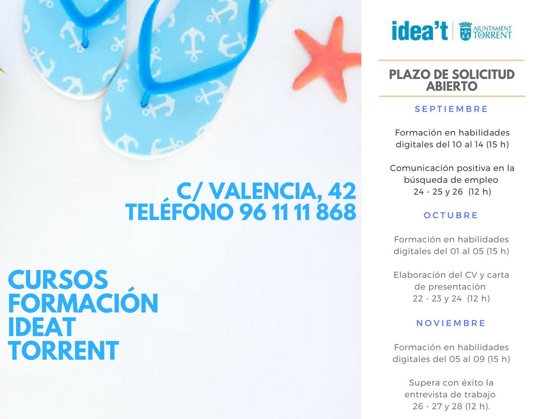 IDEAT_Torrent's tweet photo. Ya tenemos preparada la Guía Formativa para los meses de septiembre, octubre y noviembre 2018. Una variada oferta de talleres y cursos en los ámbitos TIC y empleo que se llevarán a cabo #IDEAT 
Plazo de solicitudes abierto!!!!
+info https://t.co/eE4GCPSlzL o llamando 96 11 11 868 https://t.co/Ja9H3roDvR