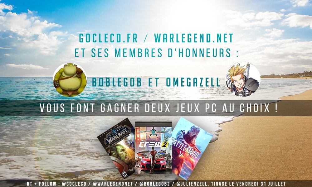 🎁#CONCOURS🎁 

Avec <a href="/Goclecd/">Goclecd.fr</a>, <a href="/WarLegendnet/">War Legend</a>, <a href="/Boblegob2/">BobLeGob</a> et <a href="/JulienZell/">Zell</a> nous fêtons l'été ! 2 Jeux PC à gagner dans le catalogue <a href="/Goclecd/">Goclecd.fr</a> !🏖️

👉 Pour participer #RT ce tweet et #Follow 
 ⭐<a href="/Goclecd/">Goclecd.fr</a> /<a href="/WarLegendnet/">War Legend</a> /<a href="/Boblegob2/">BobLeGob</a> /<a href="/JulienZell/">Zell</a> ⭐

⌛Tirage le 3️⃣1️⃣ Juillet ! ⌛