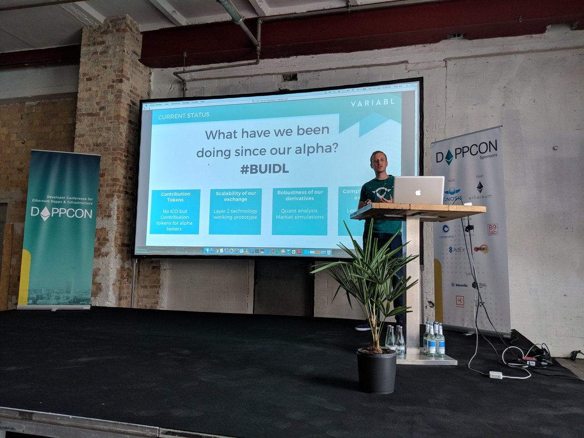 dappcon's tweet photo. Hadrien Charlanes from @VariabL_io introduces the building blocks that will help shape a trustless derivatives platform! #dappcon #berlinbuidls https://t.co/zc9OkdlJw9