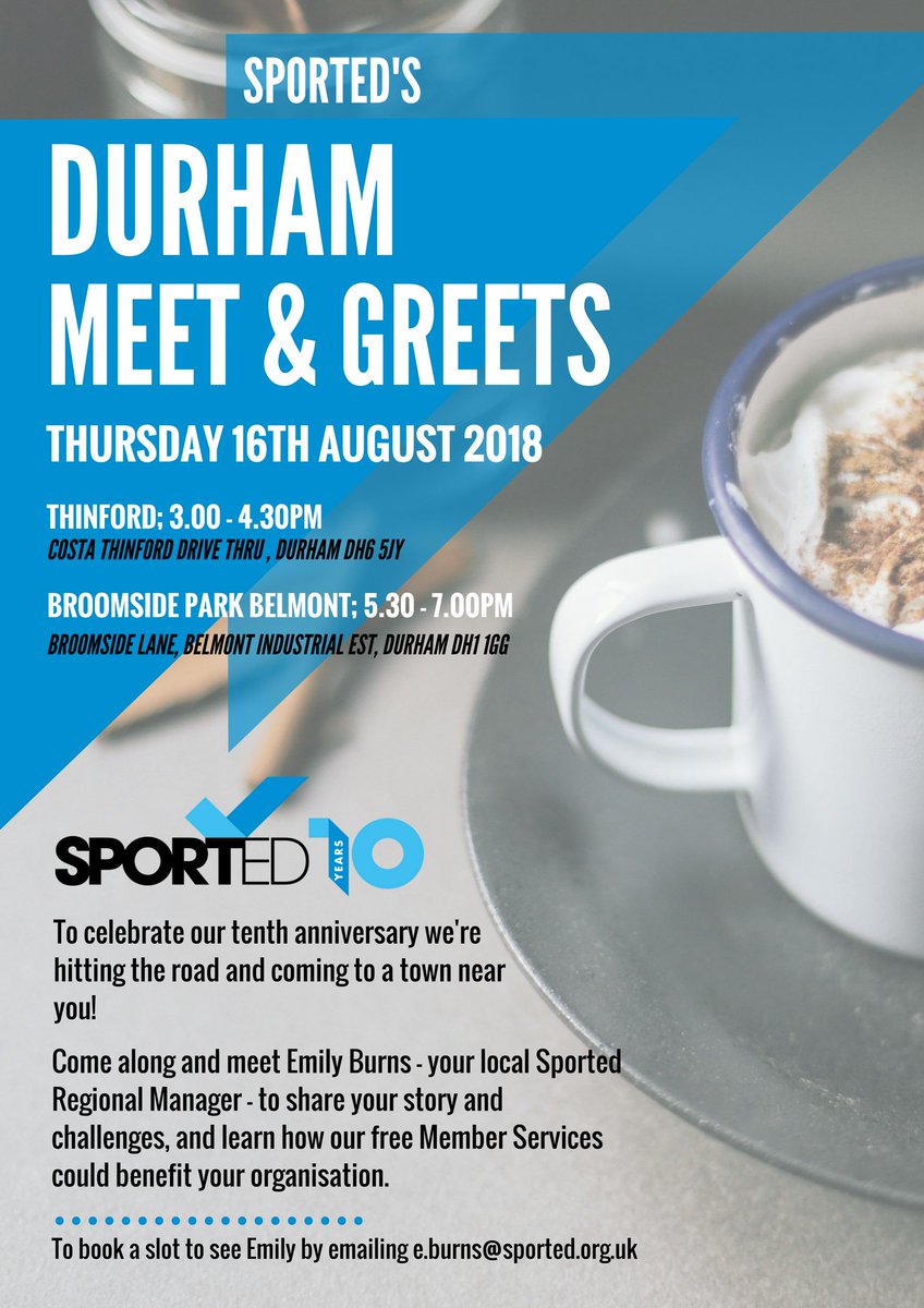 SportedEngland's tweet photo. Half way through summer #meetandgreets with the next stops are Durham, Sunderland and Middlesbrough in August. @sported_UK members check out the posters for times, locations. Contact me to book a slot and let me know your coming #sported10 https://t.co/KDUd9brgvt