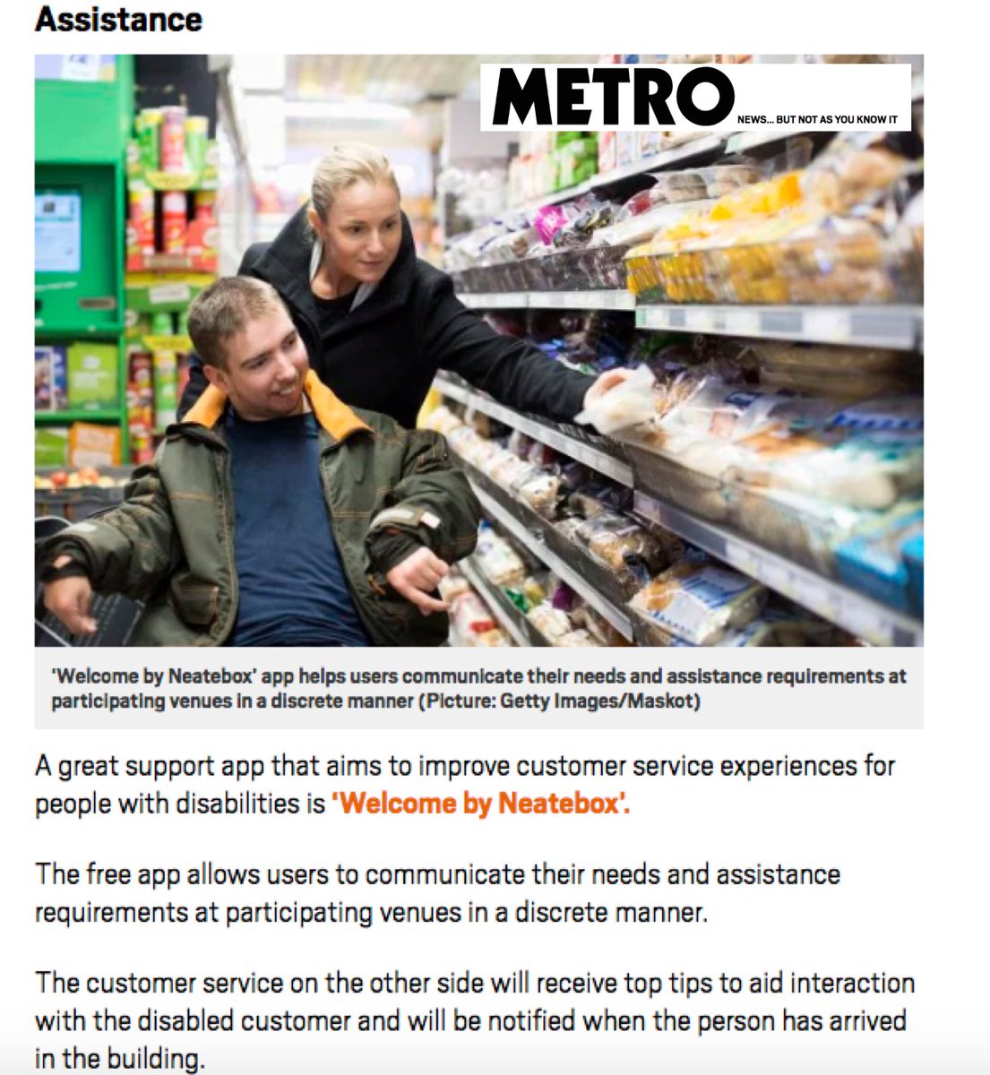 Picture of a man and his girlfriend shopping.  Text “a great support app that aims to improve customer experiences for people with disabilities is Welcome By Neatebox.  The free app allows users to communicate their needs and assistance requirements at participating venues in a discrete manner.  The customer service in the other side will receive top tips to aid interaction with the disabled customer.