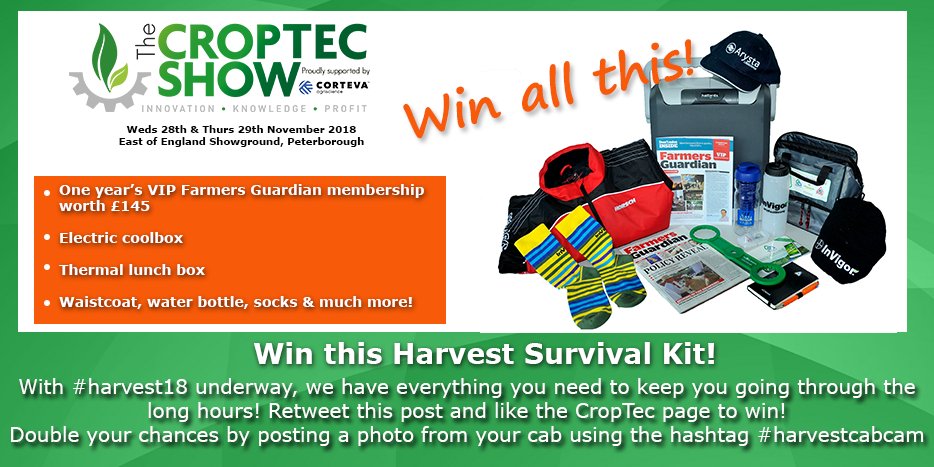RT this post &amp; like <a href="/CropTecShow/">CropTecShow 🌾</a> page for a chance to win the #harvest18 survival kit! With thanks to some of our sponsors, we've got the essentials to keep you going through harvest! To double your chances of winning, post a photo from your cab using the hashtag #harvestcabcam