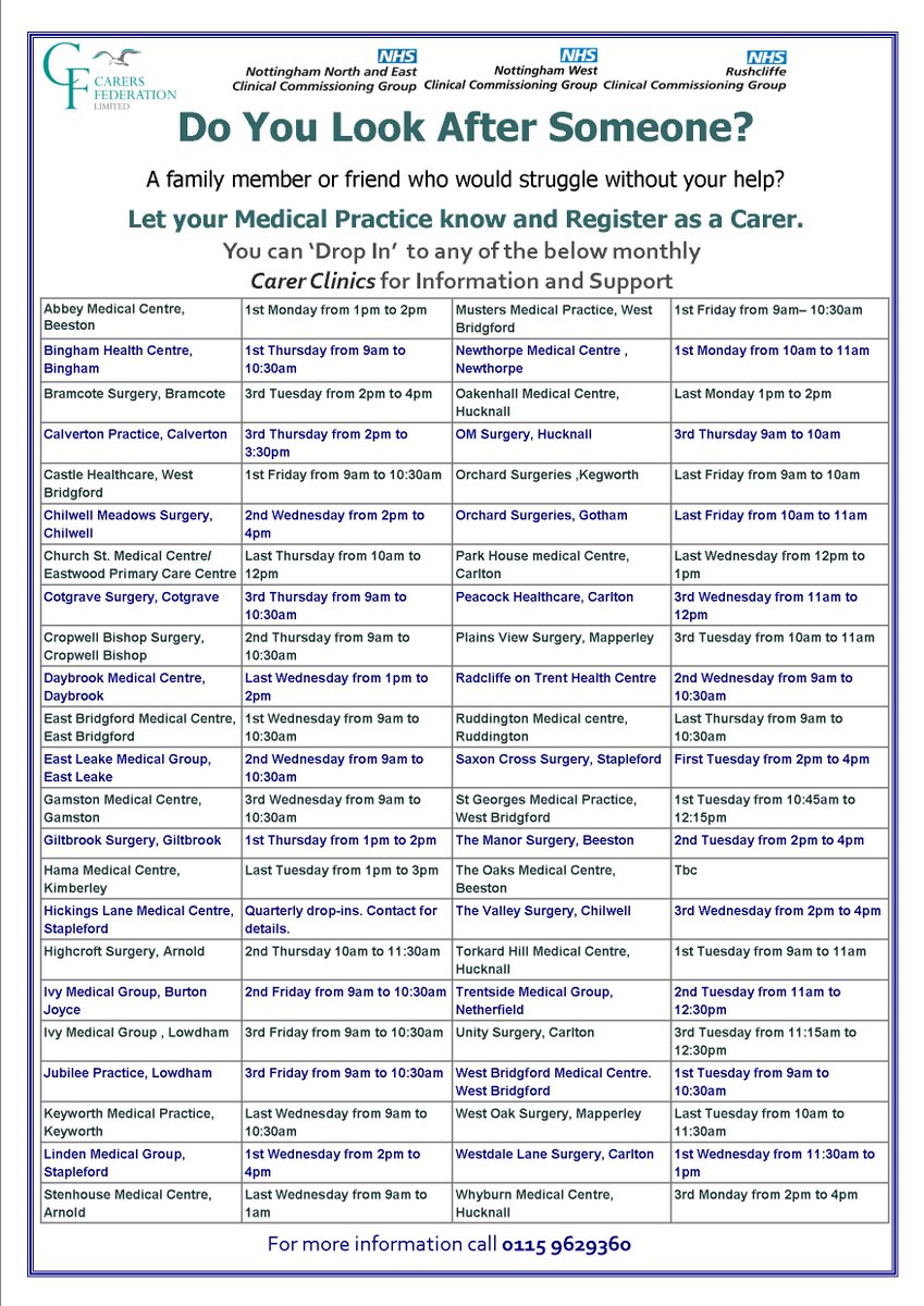 If you are caring for someone &amp; registered with a GP in Broxtowe, Rushcliffe, Gedling or Hucknall, let your GP know! You can get information, &amp; support to look after yourself. All these practices have a monthly Carer Drop-In Clinic. For information- carers@carersfederation.co.uk