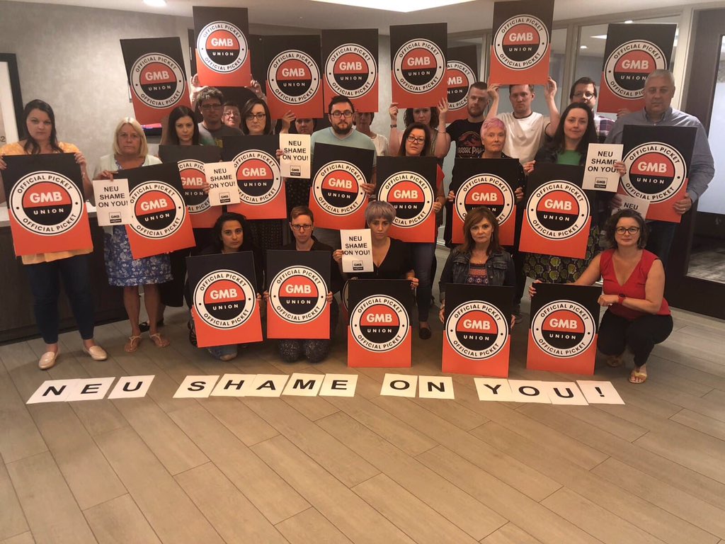vincemaple's tweet photo. As the former TUPS @GMB_union officer I'm sending solidarity to @NEU_GMB &amp; @AtlUnite who are having to take strike action today, something that anyone who works in the movement will see as a move of absolute last resort 

#NEUSHAMEONYOU https://t.co/j1O0jKMcXJ