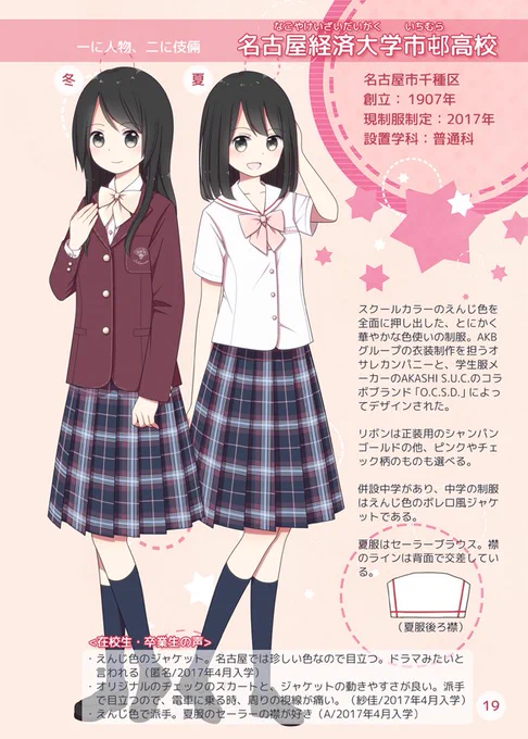 【C94新刊のお知らせ】「愛知県JK制服目録 -名古屋 私立編-」

名古屋市内の私立高校23校の女子制服を、在校生・卒業生の皆様からのコメントと共にフルカラーイラストで紹介する本です。

8月12日(日)西1ホール ひ-13b 初恋プチフレアにて頒布予定。
書店委託・通販については後日告知します。 