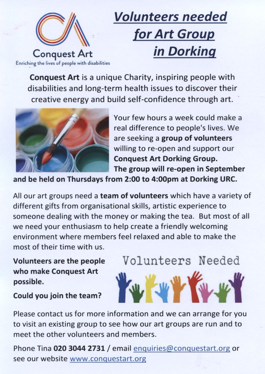 Do you have a few hours a week to volunteer in Dorking?  We are looking for volunteers to re-open our Dorking art group. Contact us to find out more...
#volunteer #volunteersneeded #art #artgroup #Dorking