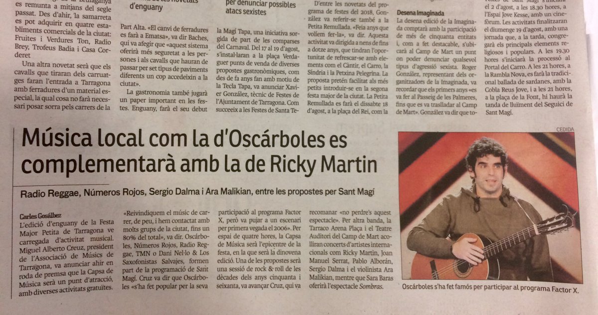 musicstgn's tweet photo. La #premsa d’avui sobre el Festival #aMt #CapsaMusicFestival 18 d’agost #Tgn @Nellosax @oscarboles @tmnsoundz #radioreggae @ianlints #Numerosrojos #live #rock #pop #rythmandblues #sax @rockandclassics #gratis #musics #musicians @buenritmo #CapsadeMusica https://t.co/g7bxnFk5Kn