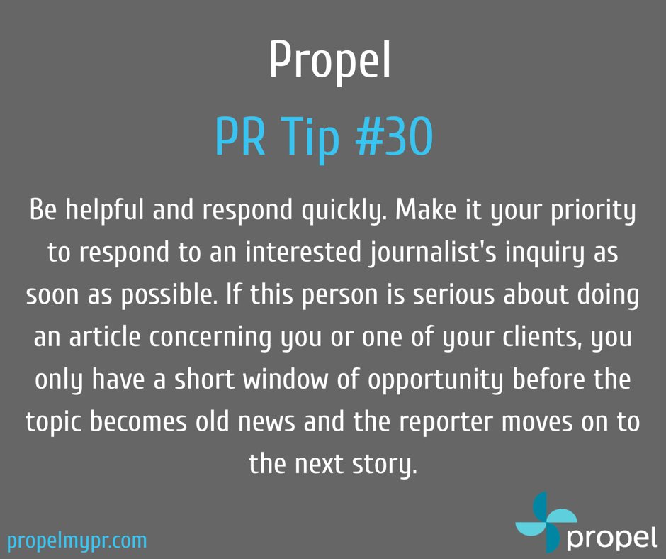 When your pitch gets a bite of journalistic interest, don’t let it pass you by. Spring into action mode! Follow up and get that journalist the necessary info ASAP. #PRTips #PR