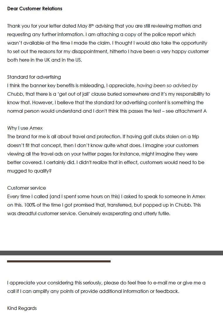 johnson_ggj's tweet image. @AmexUK your brand is all about service, travel &amp;amp; protection. Purchase protection claim &amp;amp; complaint denied &amp;amp; no follow up from you despite your own letter 8/5 detailing a review timeline? 
It’s a fail. 
#purchaseprotection#service#goldcardmemember 
 
Complaint Reference GC-2YRF0