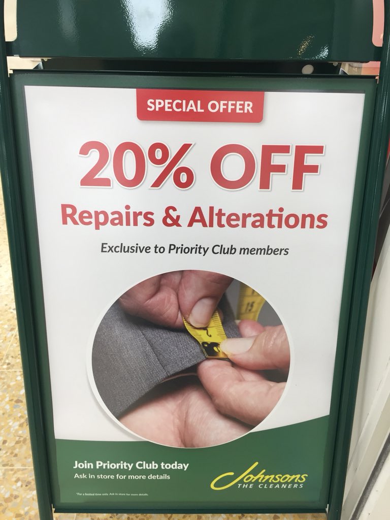 CleanersJohnson's tweet image. Priority club members 20% off repairs &amp;amp; alterations offer finish 31/07/18