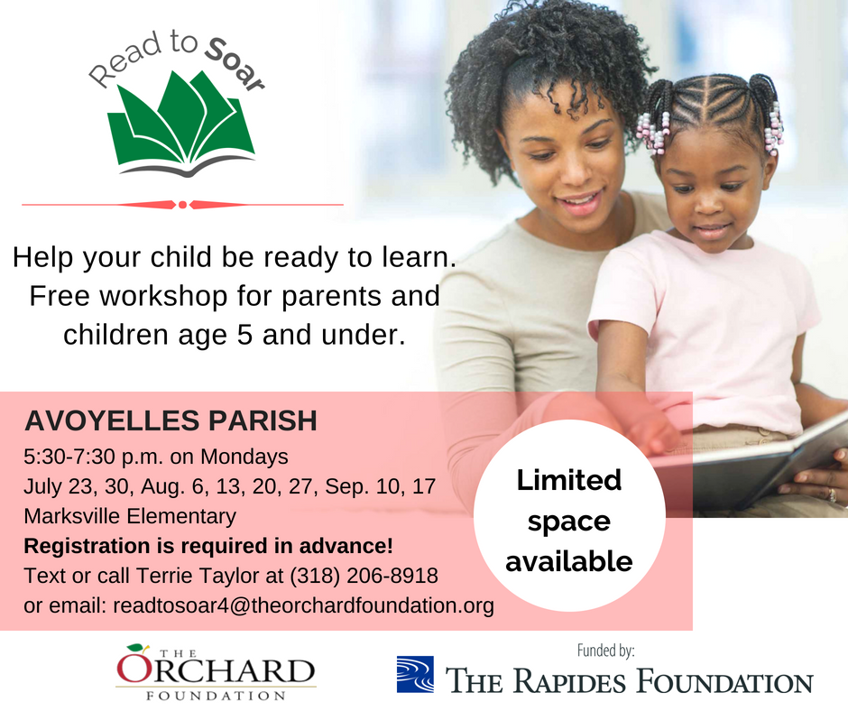 rapides_trf's tweet photo. Avoyelles Parish residents: Register today for a free reading workshop for children 5 years and under. Space is limited and registration is needed in advance. Download the #ReadToSoar flyer: https://t.co/9zm9jt4ehV https://t.co/2hnUTUTVD3