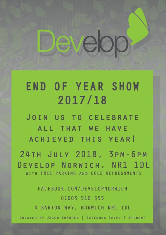 DevelopNorwich's tweet photo. Only 5 days left until our End of Year show! Tuesday 24th July 15:00 - 18:00. Come along to see for yourself what our learners have achieved this year!
There's also @Step_into_Tech this Saturday 14:00 - 16:00! #DevelopNorwich #Computing #EndofYearShow1718 #DevelopYourFuture https://t.co/m8mCI9E2in