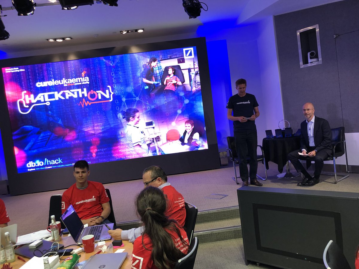 CureLeukaemia's tweet photo. Fantastic to hear from @DeutscheBank’s Global Head of Communications &amp; Corporate Social Responsibility @JoergEigendorf at #DBTechHackathon. 19 hours to go! #CLFamily #dbCOTY https://t.co/HwbjOZgGI2