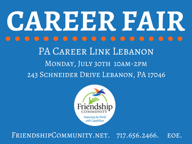 FriendshipComm's tweet photo. Friendship Community will be at PA CareerLink Lebanon County for a Job Fair on July 30th. Hiring for FT, PT, and Student On-Call Direct Support Professional positions. For all opportunties, visit https://t.co/mzUjVJbDkT. EOE. #lebanonpa https://t.co/QFCsa9t3TX