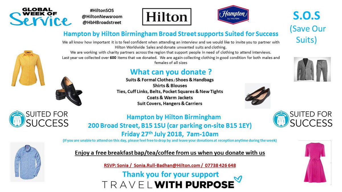 samdunion's tweet photo. Amazing Hilton initiative is being fully supported by @HBHBroadStreet - come along and bring your old suits, shirts, blouses etc , meet our team and enjoy some breakfast @HiltonNewsroom #HiltonSOS https://t.co/ar2MnqLc6D