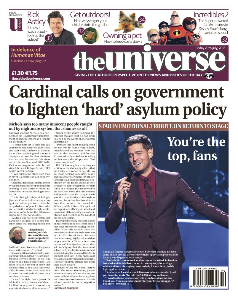 Catholic_LifeUK's tweet photo. Get The Universe newspaper…delivered anywhere in the world before the printed edition. Digital edition just £12 for a full year https://t.co/EQUcerDYgC Featured this week @JRSUK @michaelbuble @adoremus2018 @PureFlix @TheLeonSpence 
@StAntonysCC @CF_Farrow https://t.co/blZdjJq930