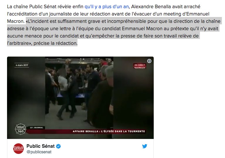 La chaîne <a href="/publicsenat/">Public Sénat</a> révèle aussi qu'il y a plus d'un an, Alexandre Benalla avait arraché l'accréditation d'un journaliste de leur rédaction avant de l'évacuer d'un meeting du candidat Macron 

--> buzzfeed.com/davidperrotin/…