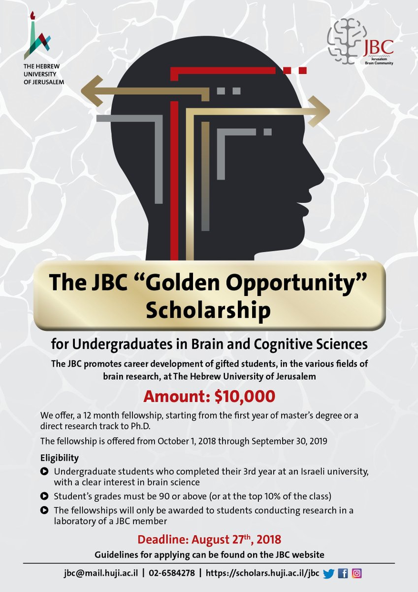 jerusalembrainc's tweet photo. The call for the JBC "Golden Opportunity" Scholarship is NOW OPEN!
Deadline: 27.8.2018
For more information: https://t.co/404uYKG13z https://t.co/ou70YLi8el