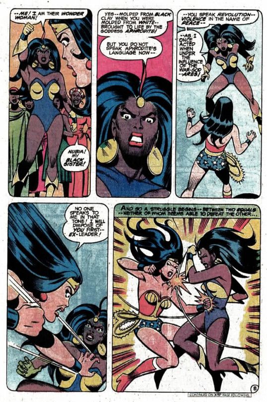 She tells them that men still treat women as if they were possessions and it's time for women to stand up to men, with Wonder Woman as leader. But Diana is interrupted by Nubia. She tells her to back off and they fight; eventually the Overlord is defeated and they part as friends