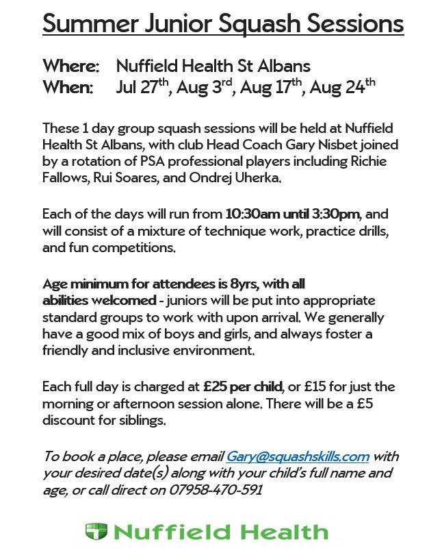 Will be running some junior squash coaching camps over the summer, details linked below