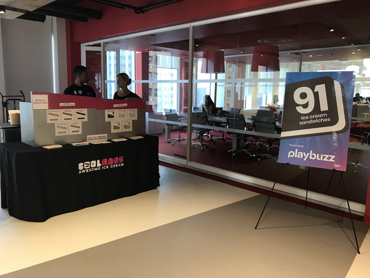 PlaybuzzBiz's tweet image. We recently learned 91 is a special number for us thanks to @Nielsen's study on digital agencies. They reported a 91% brand lift when using @Playbuzz! 

What else could we do but celebrate with 91 ice cream sandwiches for the first 91 people in line at @umworldwide? #GettingBuzz