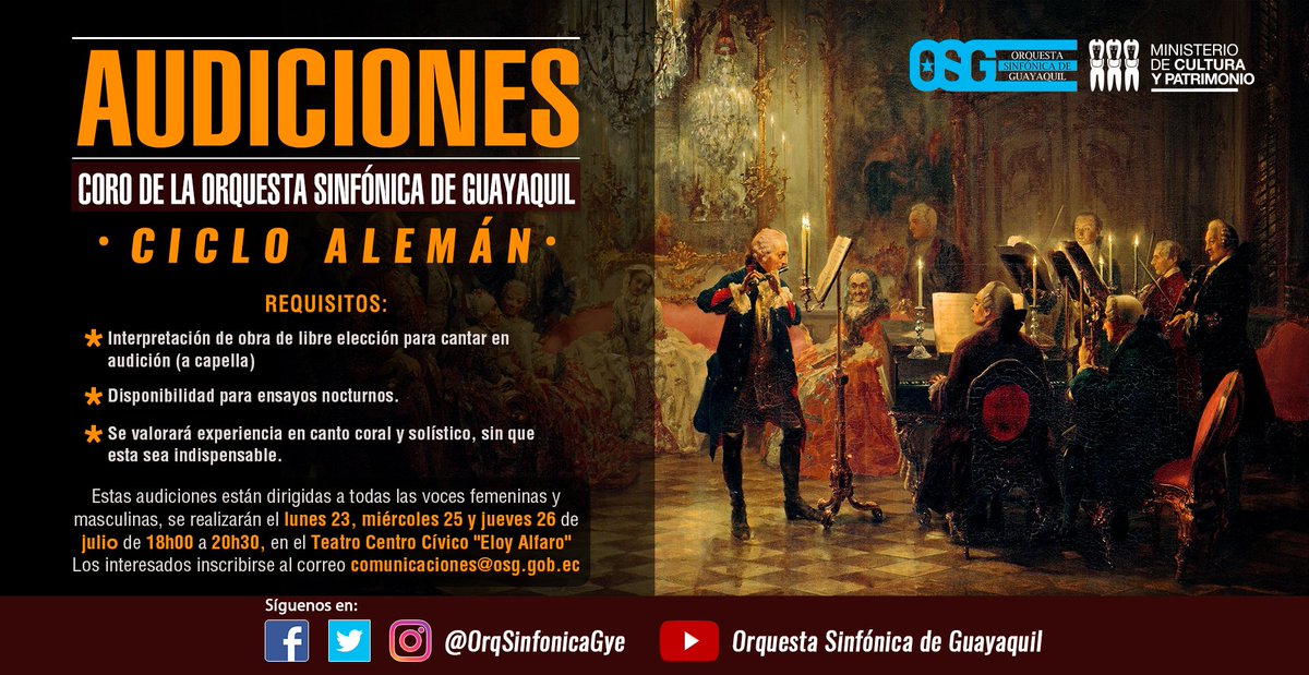 SinfonicaDeGye's tweet photo. AUDICIONES | Dirigidas a voces masculinas y femeninas, para el Coro de la Orquesta Sinfónica de Guayaquil, si estás interesado puedes inscribirte al correo-e comunicaciones@osg.gob.ec #PasiónMusical #AudicionesOSG https://t.co/yQtdLwAx1v