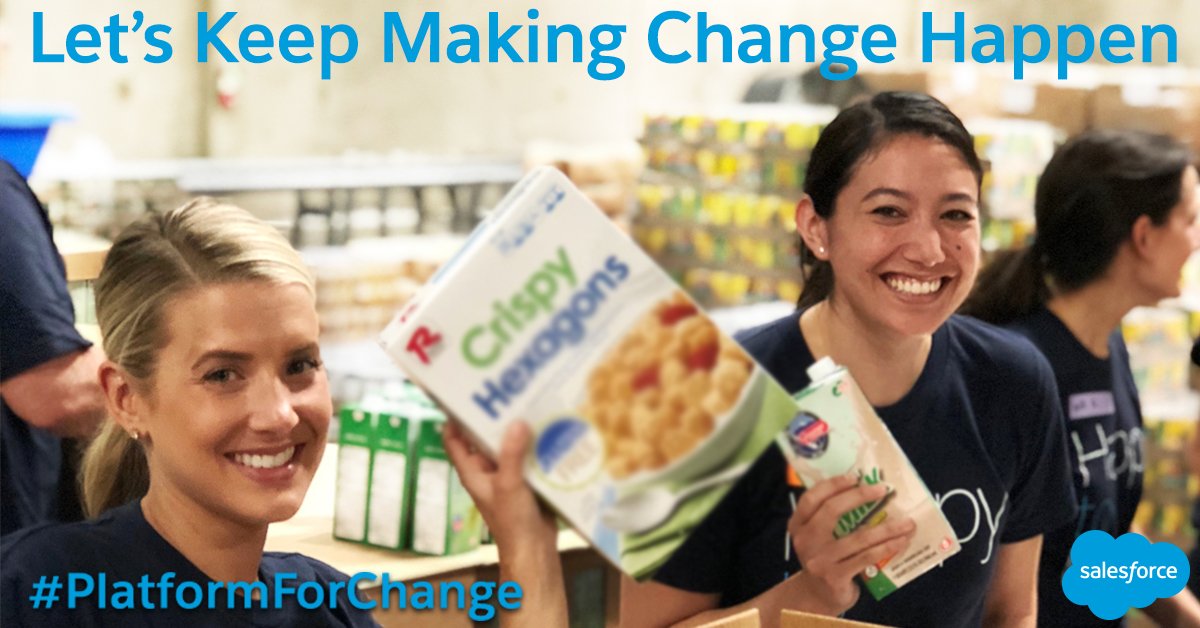 CTurnerWhite's tweet image. Something so simple!  For every tweet using @Salesforce and #PlatformForChange, 20 meals will be donated to the Los Angeles Regional Food Bank.