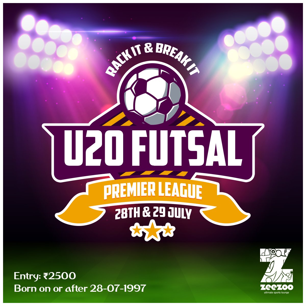 zeezoochennai's tweet photo. U20 Futsal premium league  
On 28th&amp; 29th July 2018
Entry fees Rs2500/-
Born on or after 28-07-1997
#VisitUs at: https://t.co/dRoQgCqUIn
#CallNow at: 8190 957 999 &amp; 8190 958 999
#ZeeZoo #FutsalTournament #Football #Shot #FootballFun #Champions #KicksOnFire #SportsPerson #League https://t.co/9kyMLJEyQE