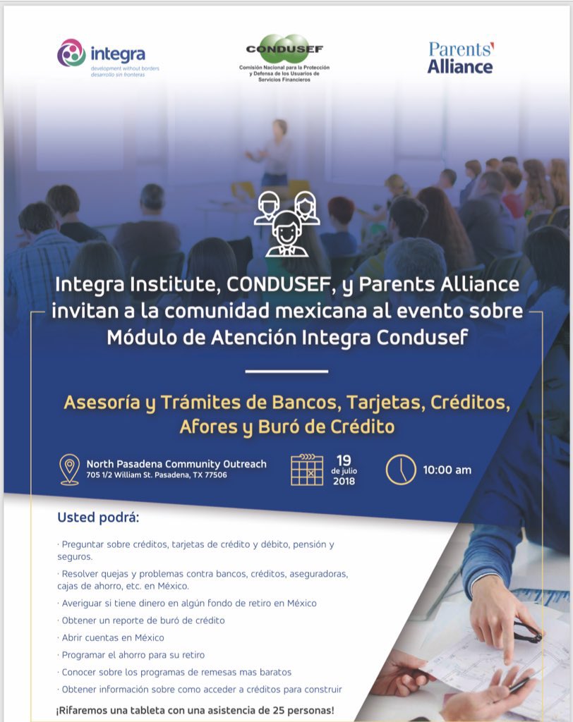 integrainst's tweet photo. La cita es hoy, no pierdas la oportunidad de recibir asesoría financiera. Asiste al módulo de atención Integra-Condusef #HoustonTX 👇🏼 https://t.co/lOeIYbrEap