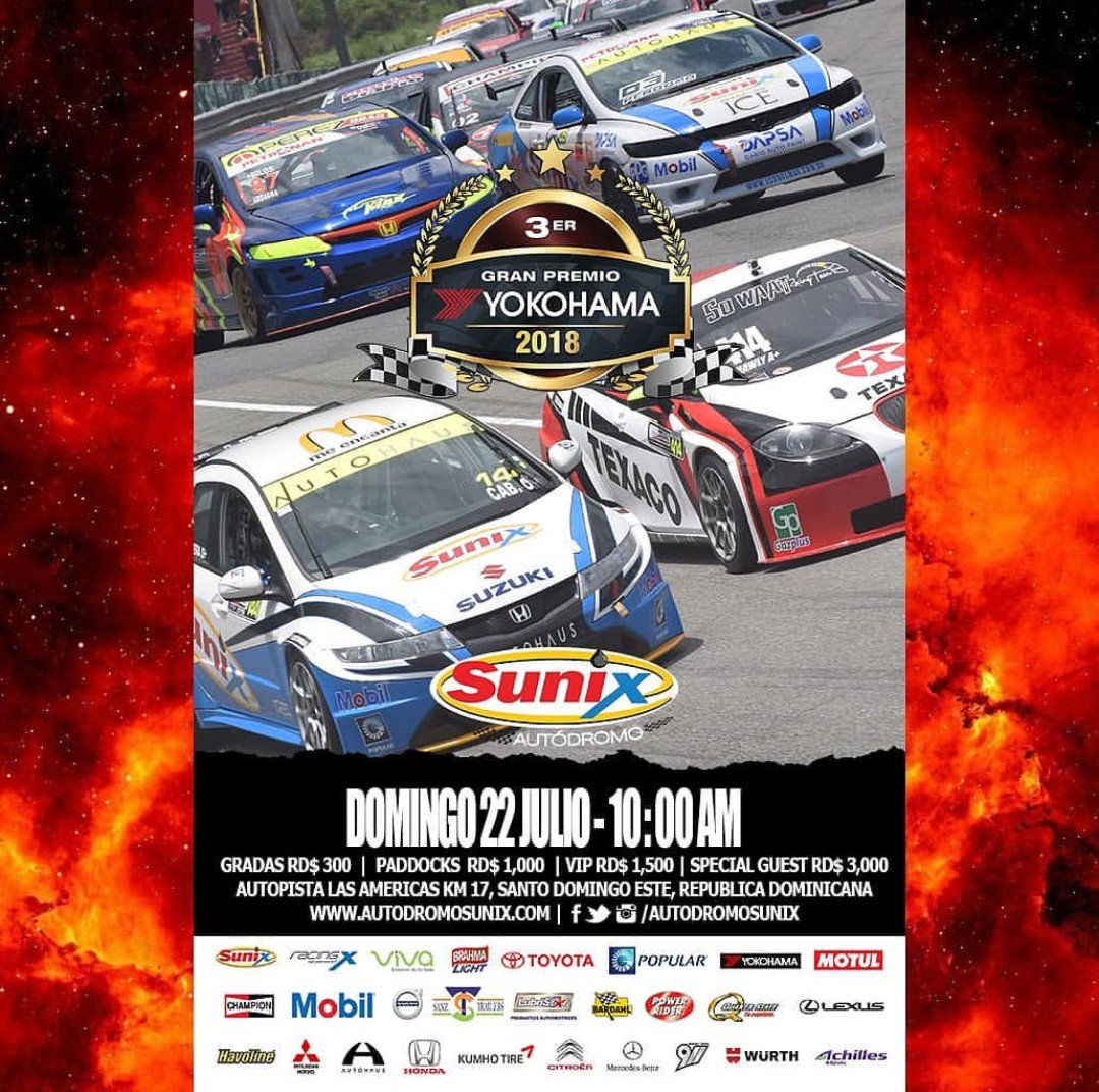 Este fin de semana 3er fecha del campeonato nacional de automovilismo gran premio #Yokohama #racing #circuito <a href="/autodromosunix/">Autódromo Sunix</a> <a href="/razine/">Razine.com</a> <a href="/MrLong_Razine/">Raul Pena</a> <a href="/CDCC_DR/">Club_Dom_Corredores</a> <a href="/acelerandotv/">Acelerando</a>