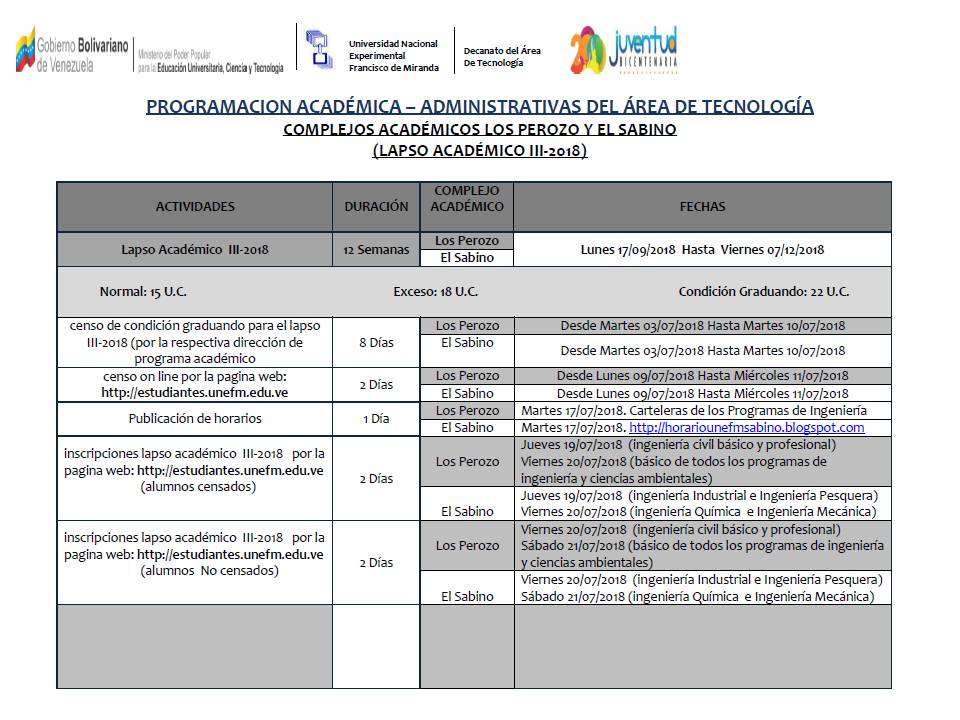 correounefm's tweet photo. Area de Tecnologia de la unefm. Cronograma de actividades lapso III -2018 https://t.co/q1dwNCnQZH