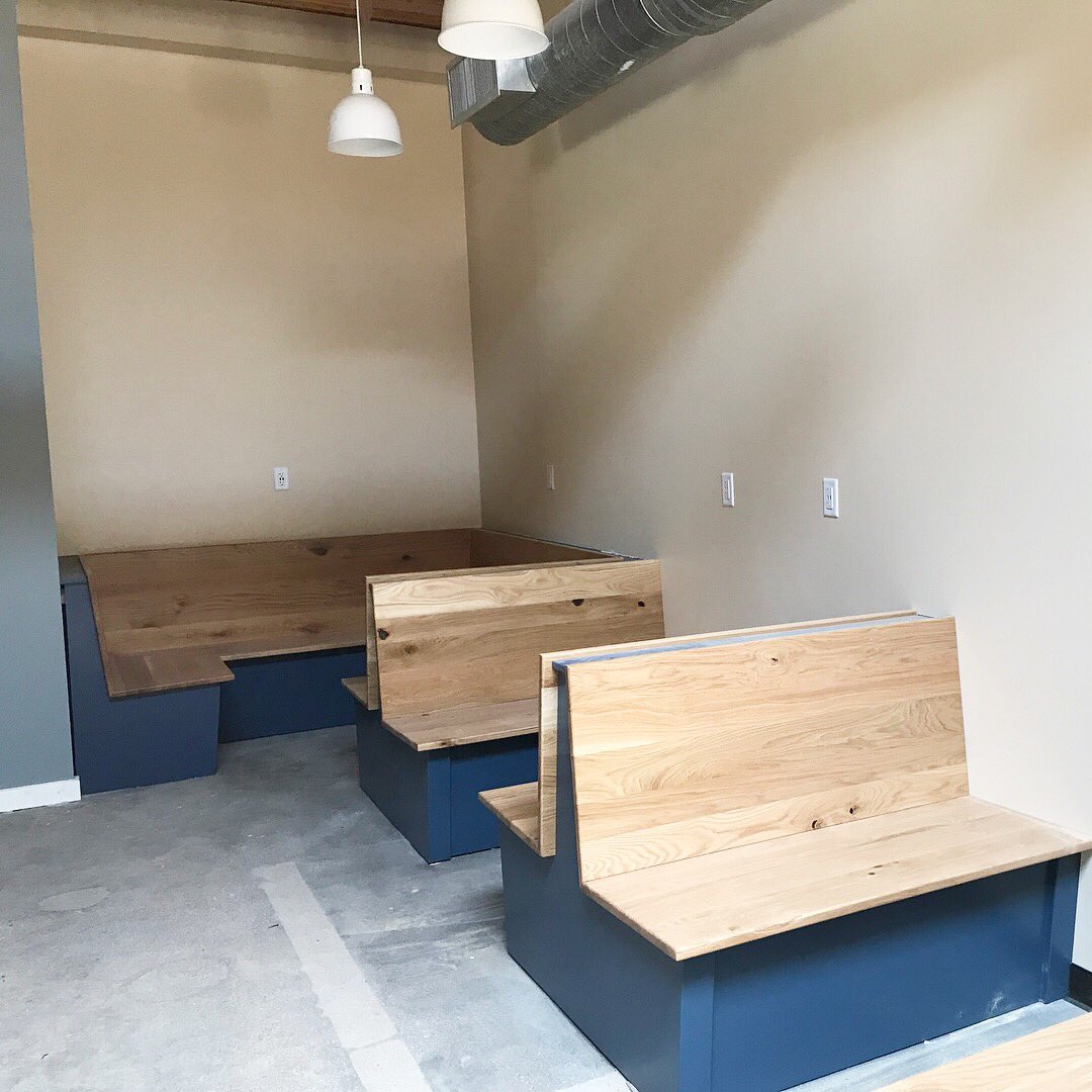 Lots of progress is being made here at #LevenDeliCo! Lightning, booth seating &amp; the window for the bike through are complete. We are now adding a few branded touches and counting down the days until opening.